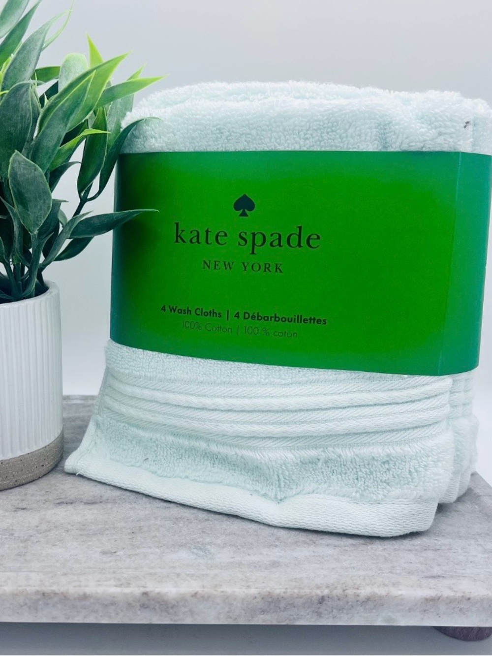 Kate Spade New York Set 4 Plush Pastel Mint Green Cotton Wash Cloths Xero Twist